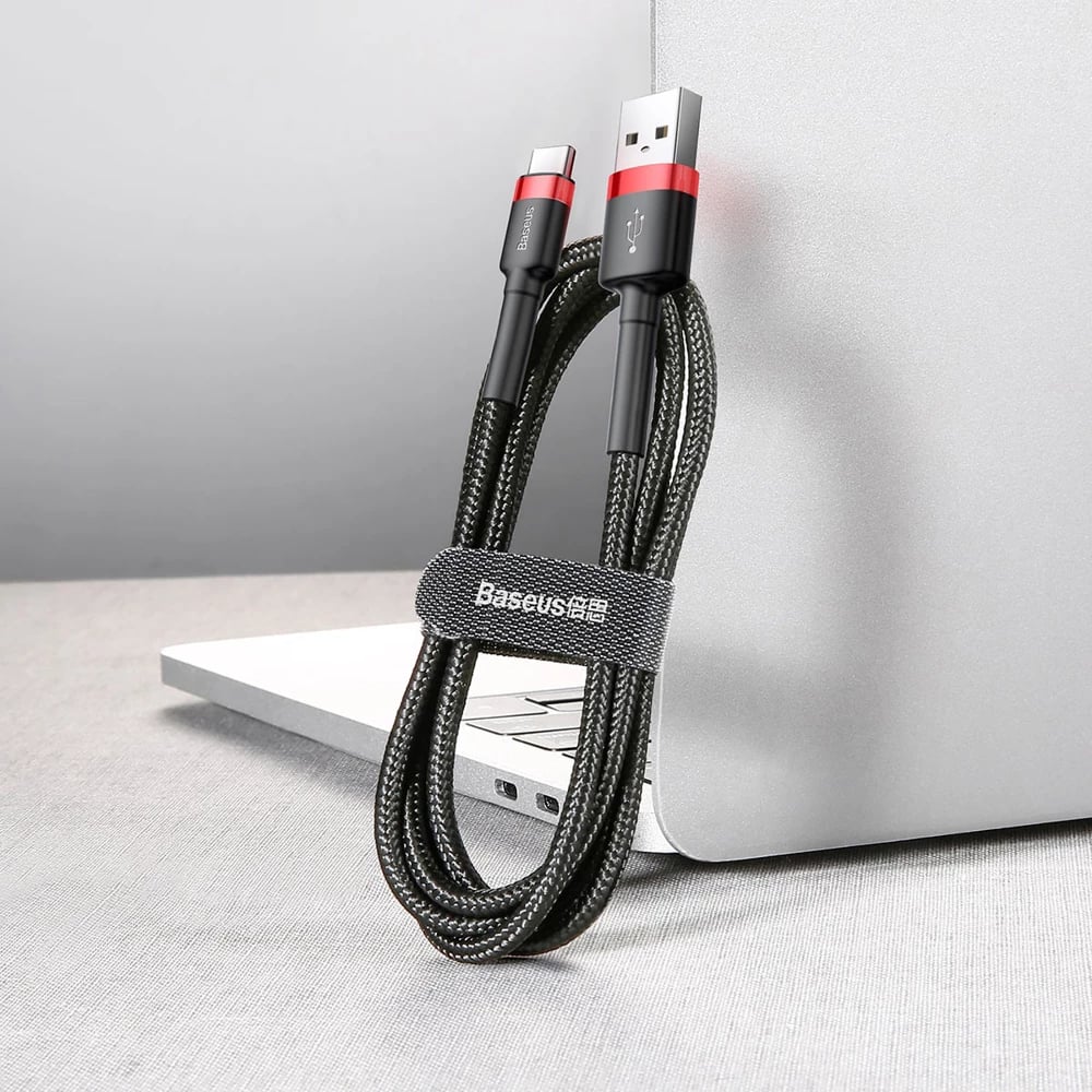 Kabllo Baseus Cafule CATKLF-A91 USB-A në USB-C, 0.5m, 3A, QC 3.0, e zezë dhe e kuqe