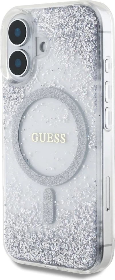 Mbështjellës Guess HC Resin Bottom Glitter MagSafe për iPhone 16, Argjendtë