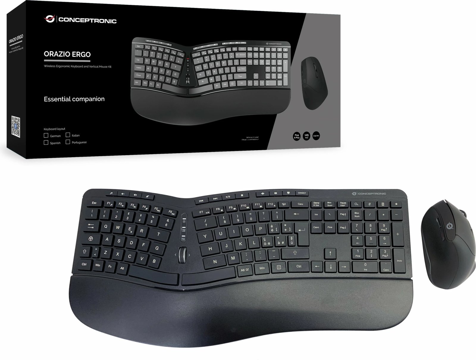 Set tastierë wireless Conceptronic, layout italian, maus ergonomic, e zezë