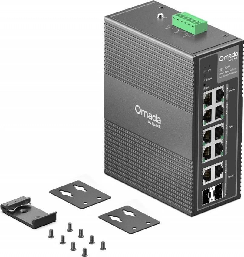 Switch TP-Link IES210GPP, 8x Gigabit RJ45 (2 PoE++ 60W, 6 PoE+), 2x Gigabit Combo RJ45/SFP, PoE total 240W, IP40, montim DIN/mur