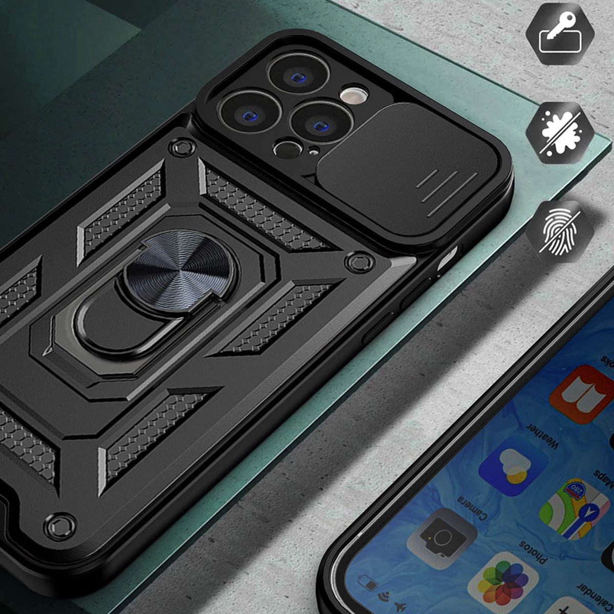 Mbështjellës Hurtel Hybrid Armor Camshield për Realme 10 Pro+, me mbulesë kamere, unazë metalike, i zi