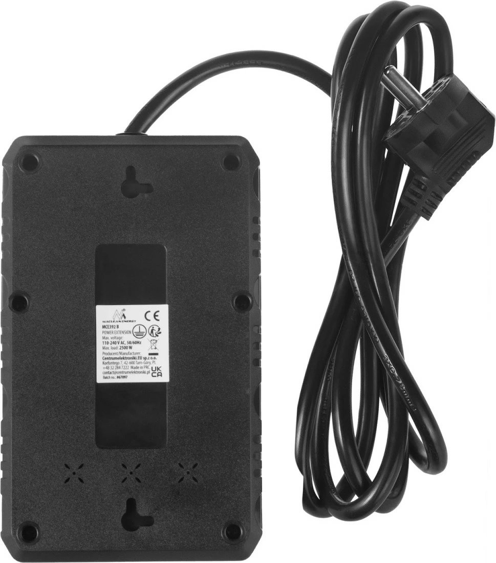 Prizë zgjatuese Maclean MCE392 B, 4x Schuko + 3x USB, 2500W, kabllo 1.5 m, e zezë