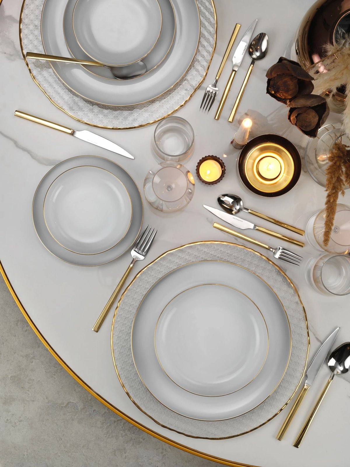 Set enësh për drekë (24 copë), Hermia Concept, MOD24Y220, ngjyrë ari dhe e bardhë