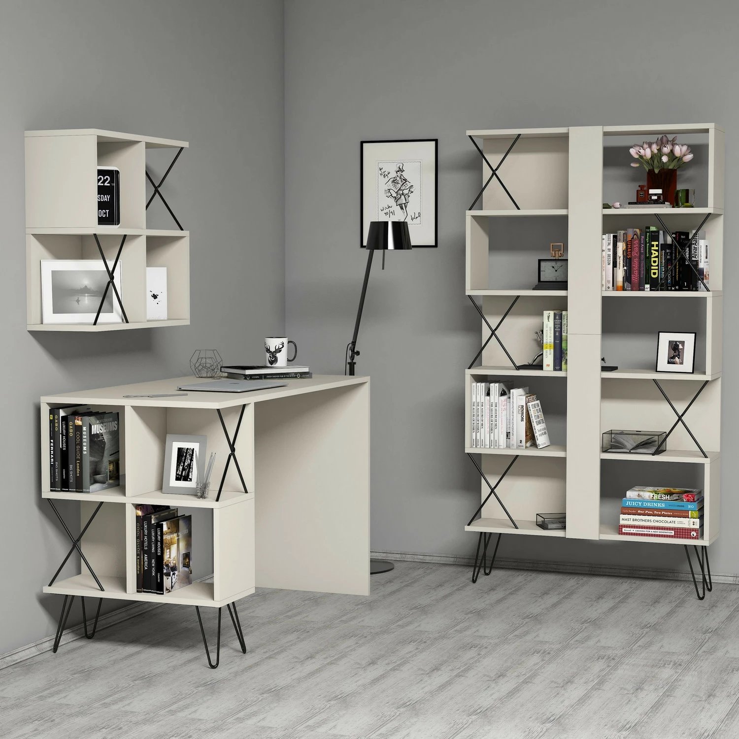 Set tavoline studimi me raft librash Hanah Home, Extra 2, krem