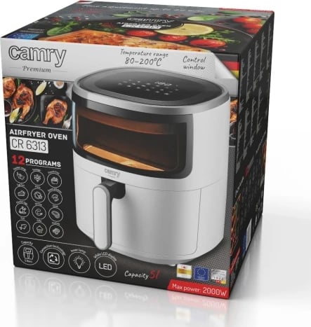 Fritezë ajri furrë, Camry CR 6313, 5 L, 12 programe, 80–200°C, ekran LED me prekje, vonesë nisjeje, e bardhë