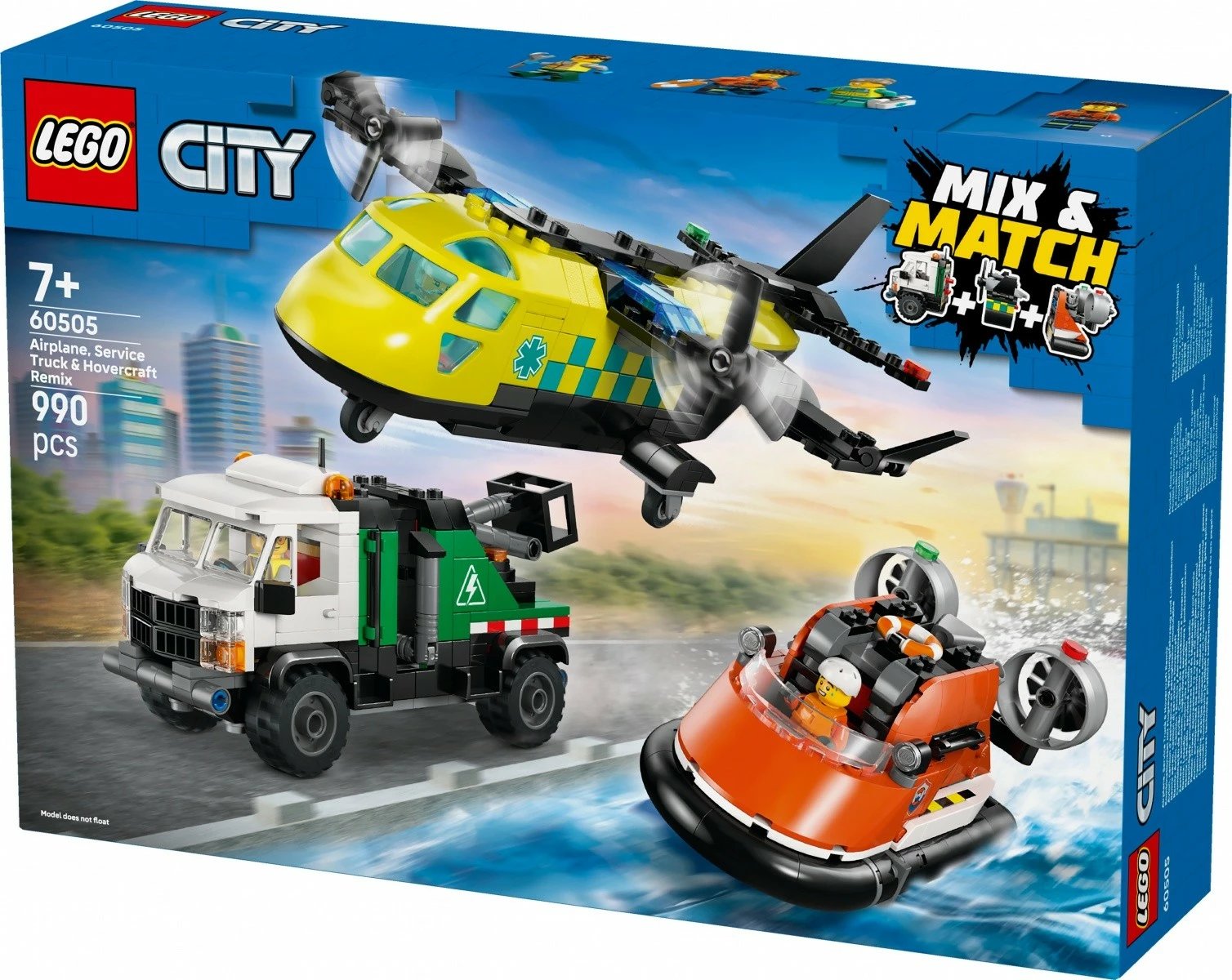 Set blloqe LEGO City 60505 avion, kamion shërbimi me vinç dhe hovercraft, 990 pjesë