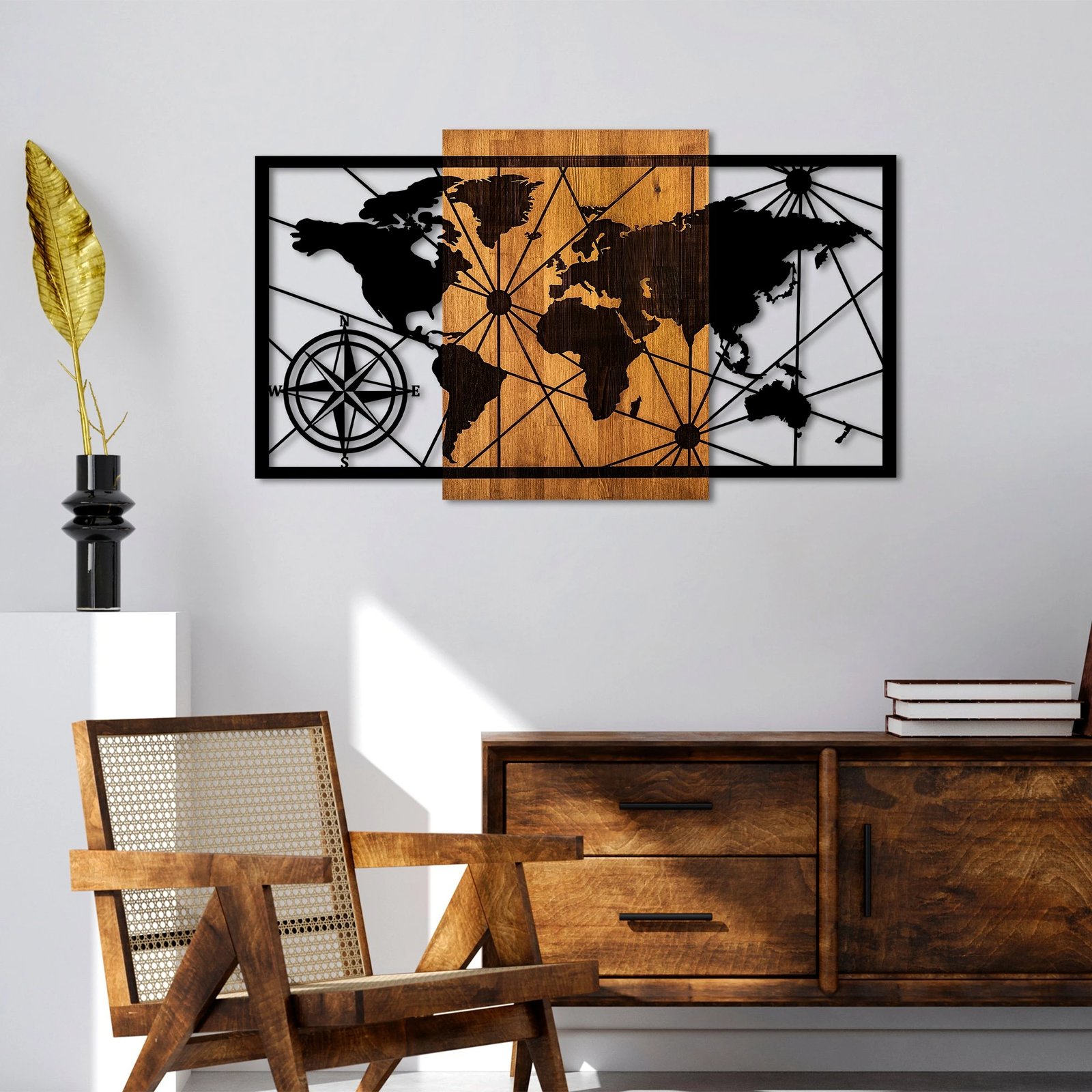 Aksesor dekorativ muri prej druri, hartë bote, Wallity, ngjyrë arre dhe e zezë, 70x120cm