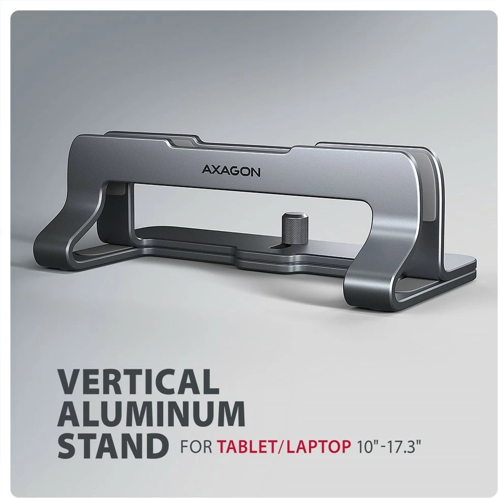 Mbajtës vertikal për laptop/tablet, AXAGON STND-VG, 10–17.3", alumini, gjerësi e rregullueshme 9.5–25.5 mm, gri