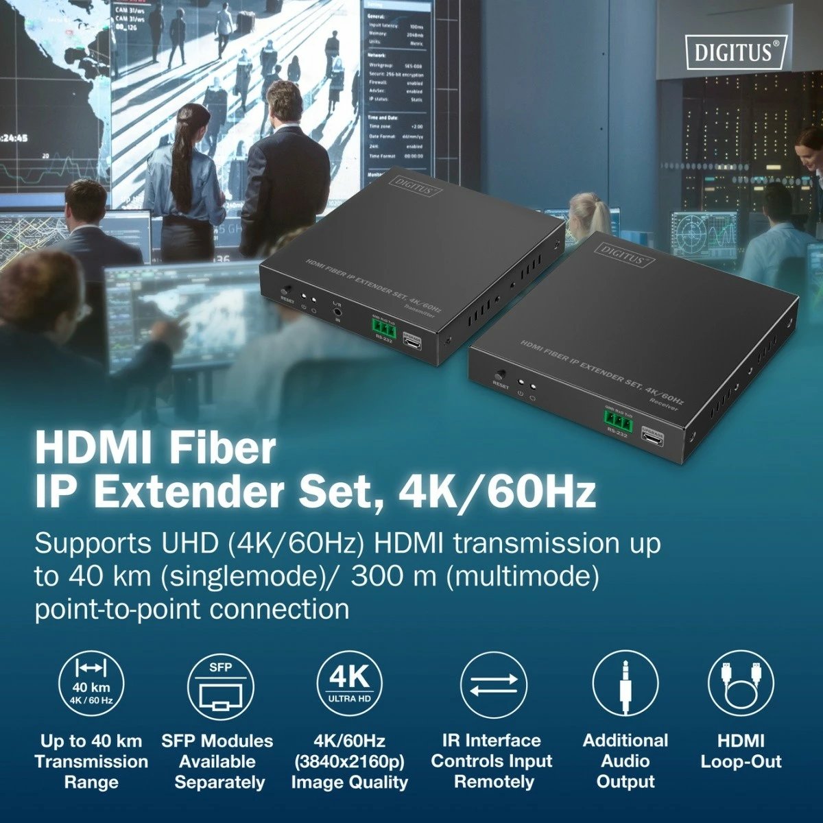 Set HDMI Fiber Optic Extender Digitus DS-55350, 4K/60Hz, transmetim deri 40km, IR, i zi