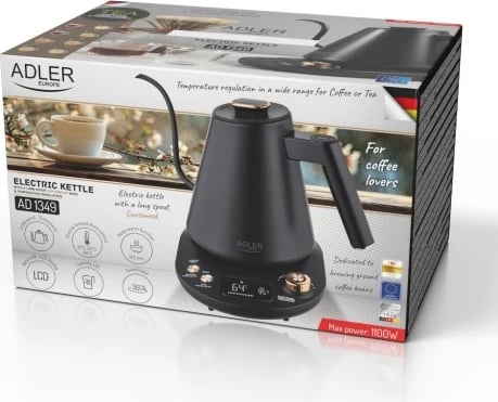 Çajnik elektrik Adler AD 1349 1.0L gooseneck me rregullim temperature, display LED, mbajtje nxehtësie, zi-ari