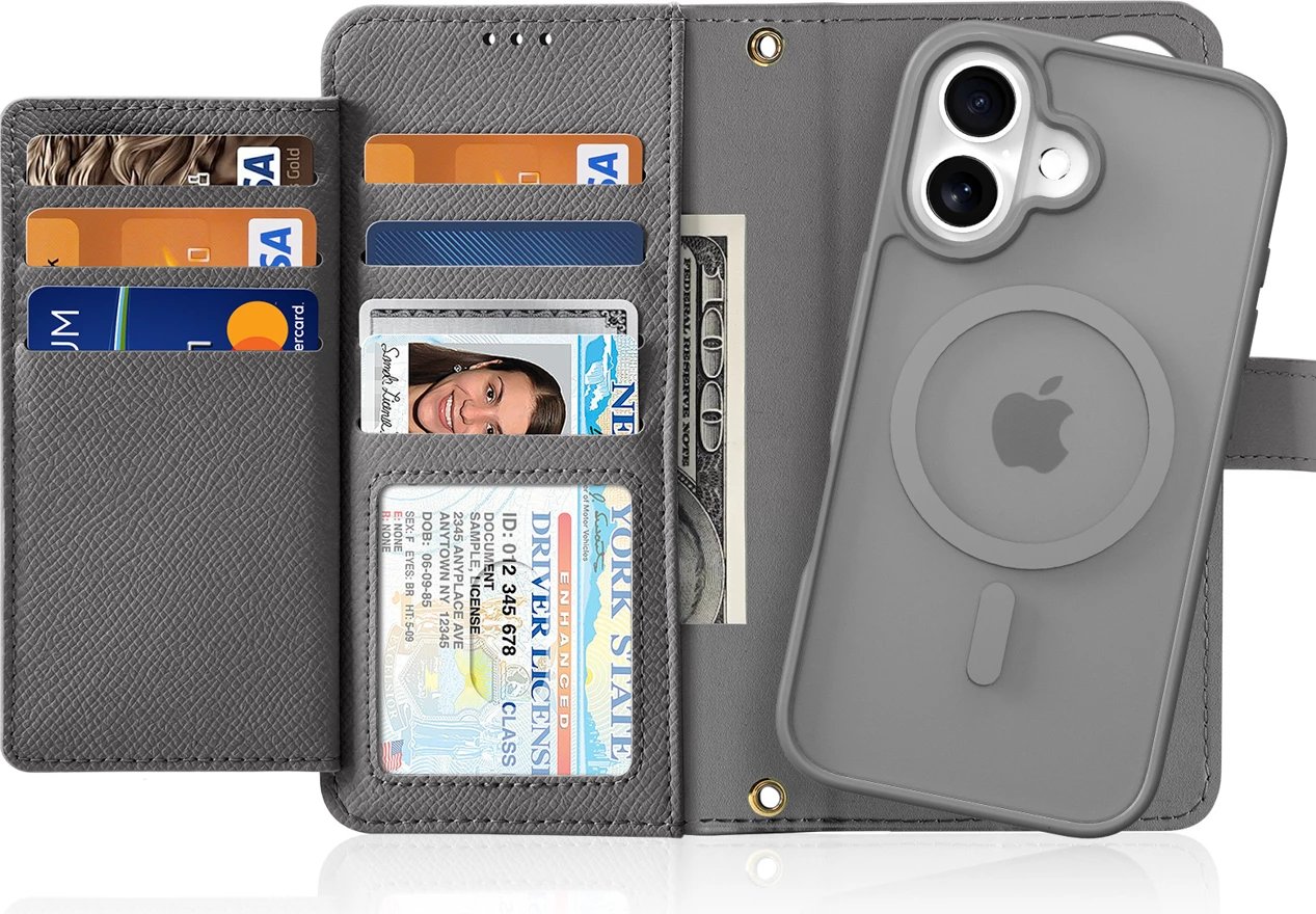 Mbështjellës Dux Ducis Lawa për iPhone 16, lëkurë, me portofol magnetik, Gri