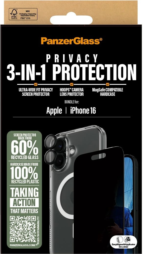 Mbështjellës PanzerGlass për iPhone 16, 3-in-1, mbrojtje privatësie, transparent