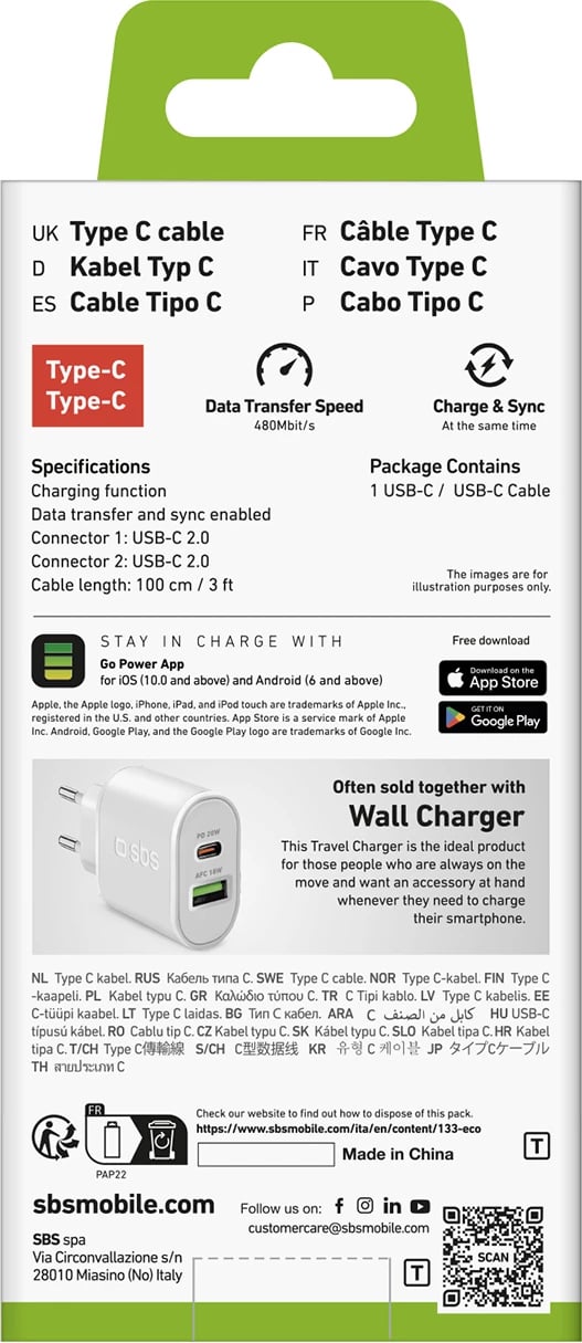 Kabllo USB-C SBS TECABLETCC10W, 1m, 25W, e bardhë
