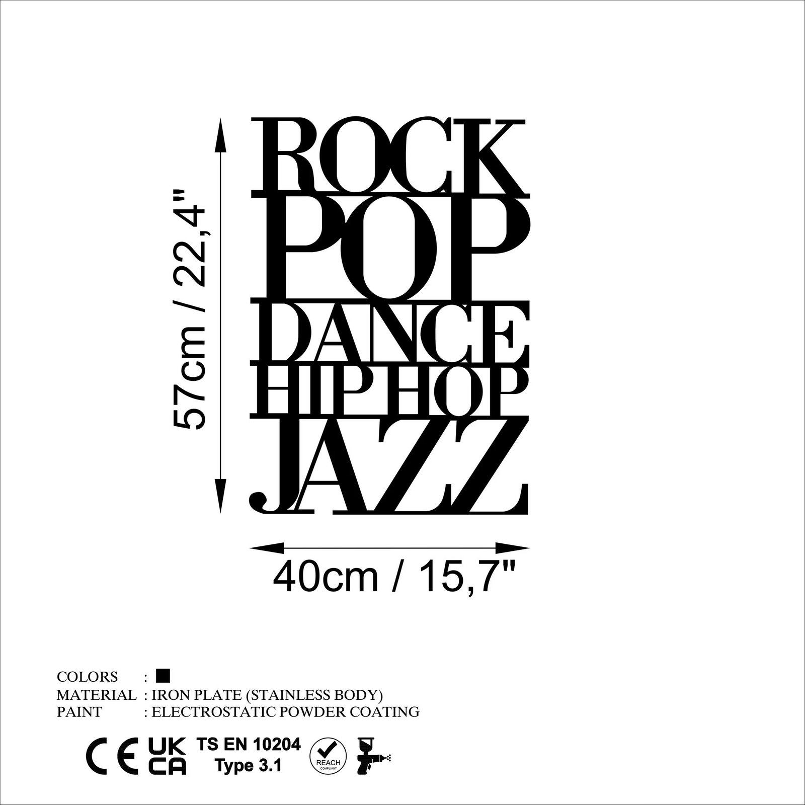 Aksesor dekorativ metalik për mur, Wallity, We Love Music - M, ngjyrë e zezë, 57x40cm