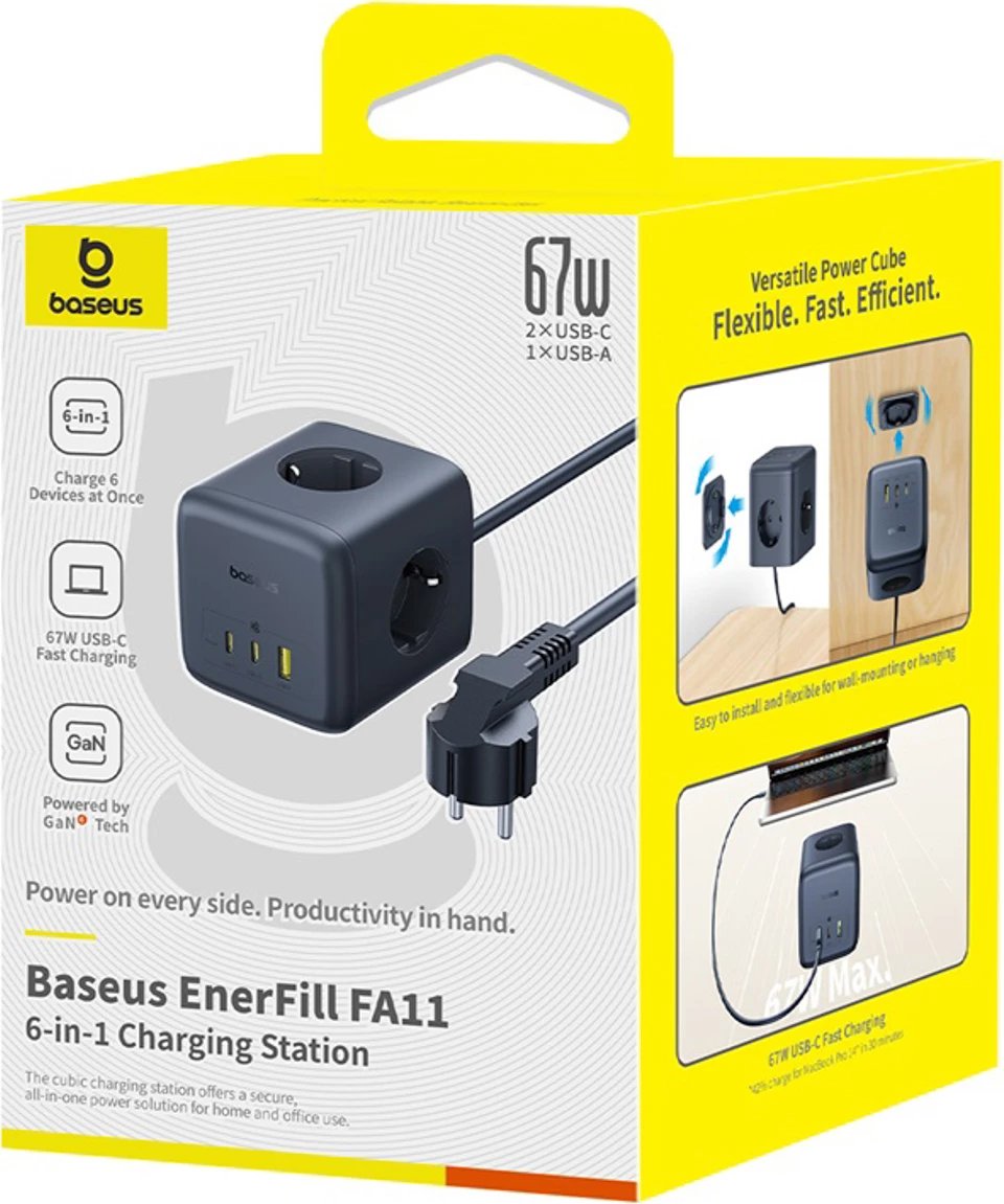 Prizë shumëfunksionale Baseus EnerFill FA11, 67W, 3x prizë EU + USB-A/USB-C, 1.5m, e zezë