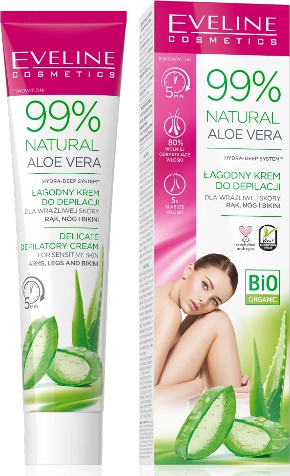 Krem për heqjen e qimeve për femra Eveline Cosmetics 99% Natural Aloe Vera, 125ml