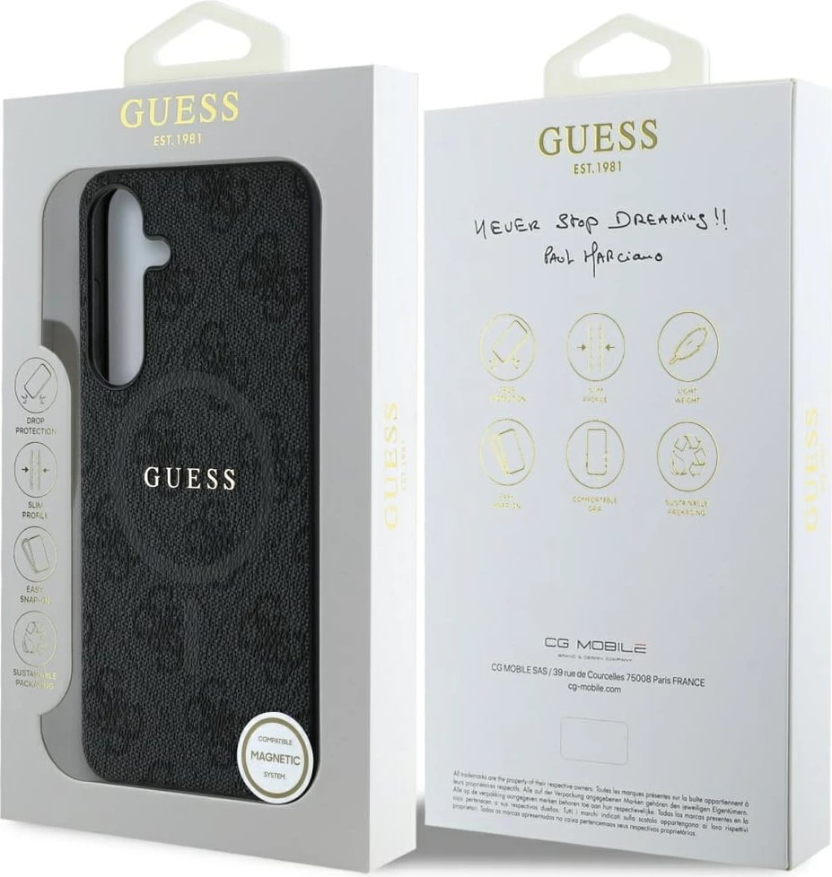 Mbështjellës Guess Leather 4G Colored Ring Classic Logo MagSafe për Samsung Galaxy S25, i zi Mbështjellës Guess Leather 4G Colored Ring Classic Logo MagSafe për Samsung Galaxy S25, i zi