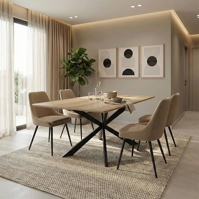 Tavolinë Aragne, sipërfaqe sonoma, këmbë metalike të zeza, 160x90x75cm