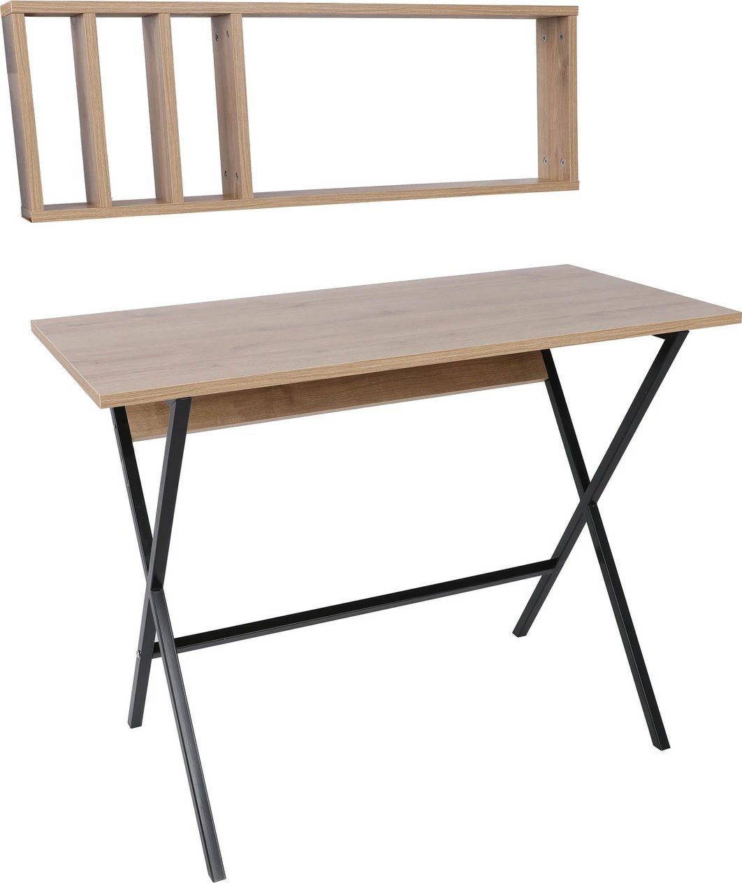 Tavolinë studimi moderne me raft muri, ngjyrë lisi dhe e zezë, Skye Decor, Oslo