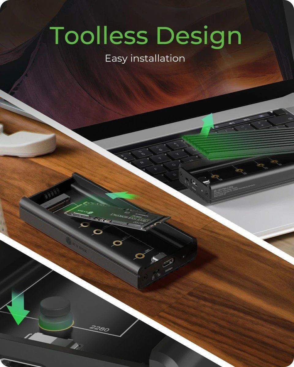 Kasë e jashtme IcyBox IB-1917M-C32, për NVMe M.2 SSD, USB 3.2 Gen 2x2, e zezë