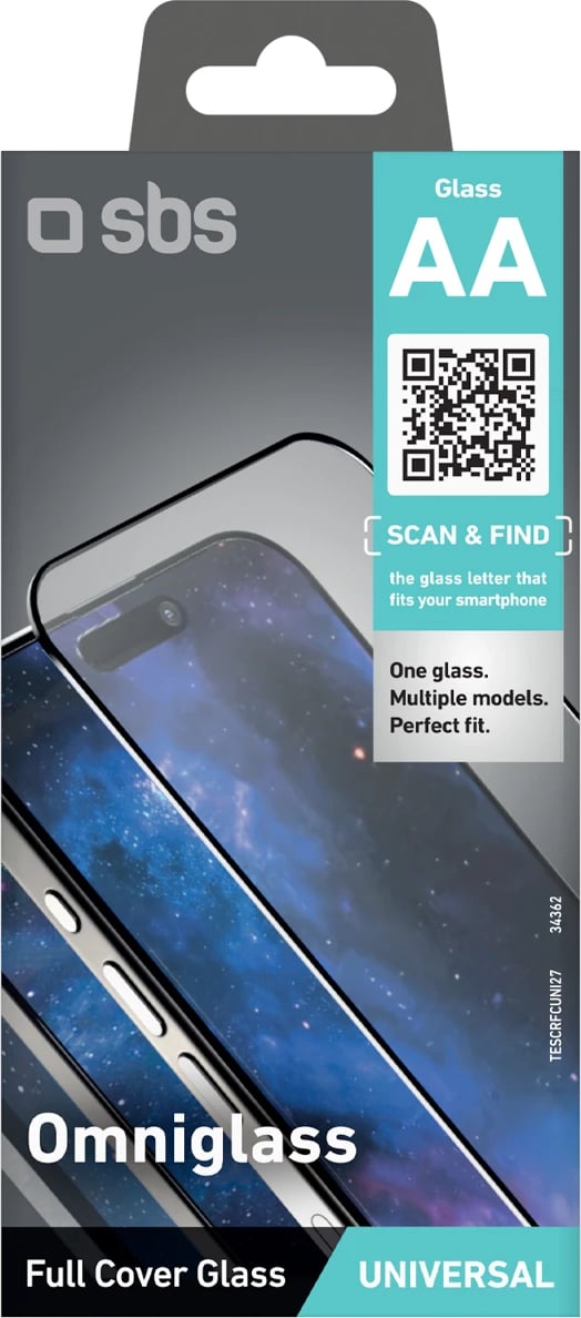 Xham mbrojtës ekrani Full Cover, SBS Omniglass AA, universal për celular, qelq i temperuar, ngjitje e plotë, transparent, me set aplikimi