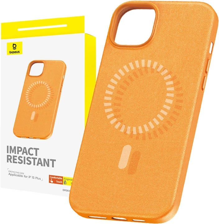 Mbështjellës magnetik për celular Baseus Fauxther Series për iPhone 15 Plus, portokalli