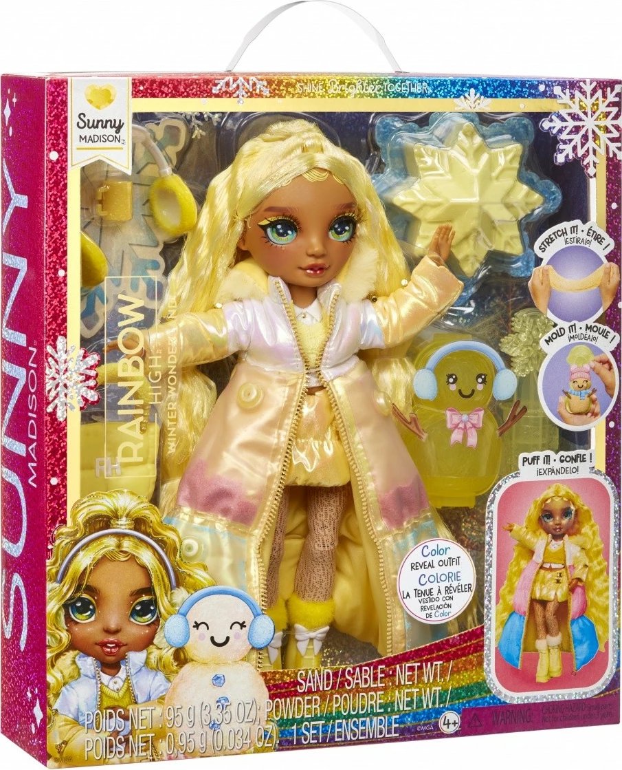 Kukull Rainbow High Winter Wonderland Sunny Madison, 11 inç, me borë magjike dhe aksesorë, Verdhë