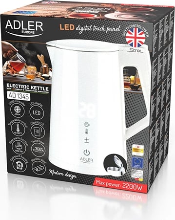Çajnik elektrik, Adler AD 1345, rregullim temperature, ekran LED, 1.7 L, STRIX, i bardhë