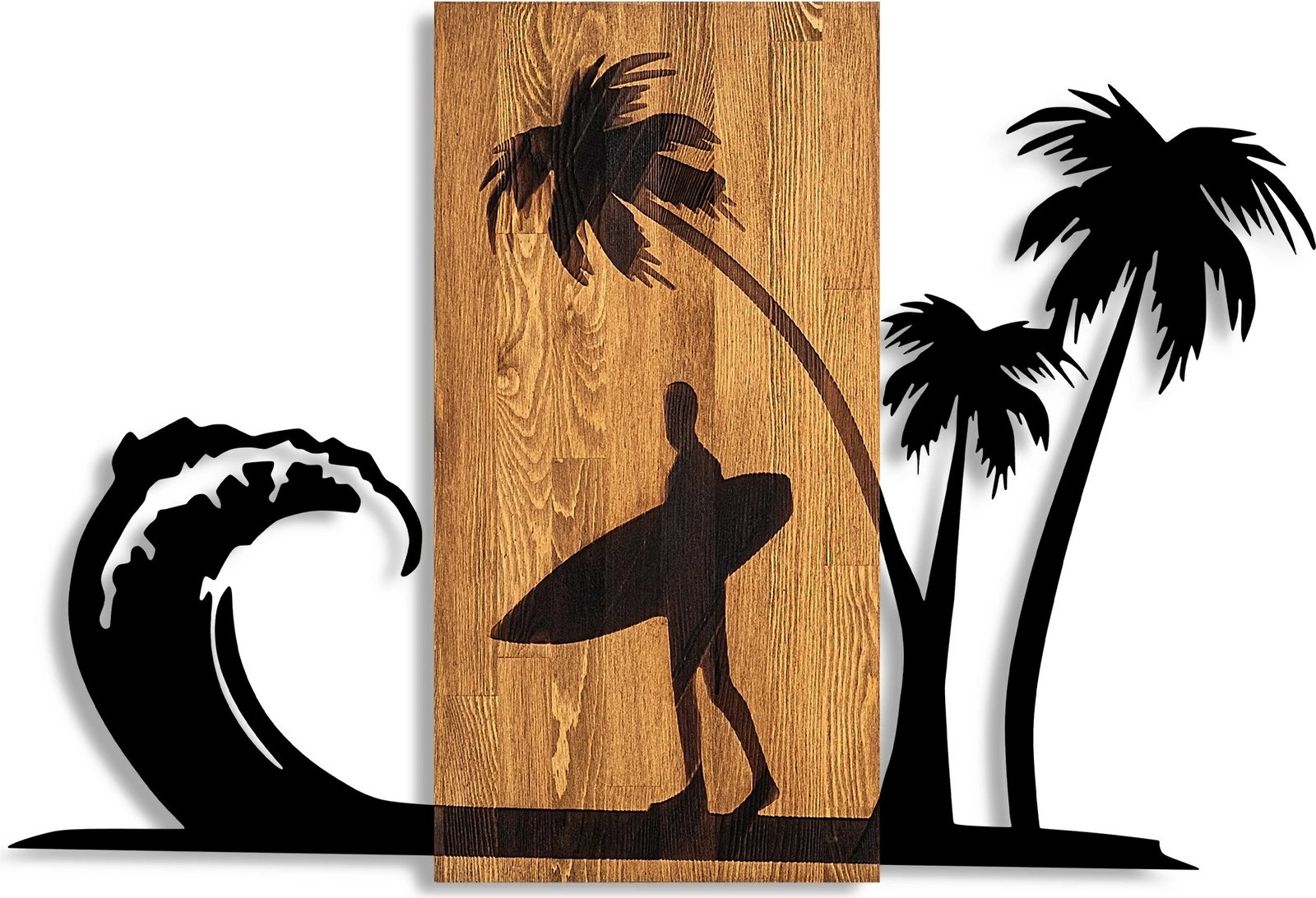 Aksesor dekorativ muri prej druri, Surfer Life, ngjyrë arre dhe e zezë