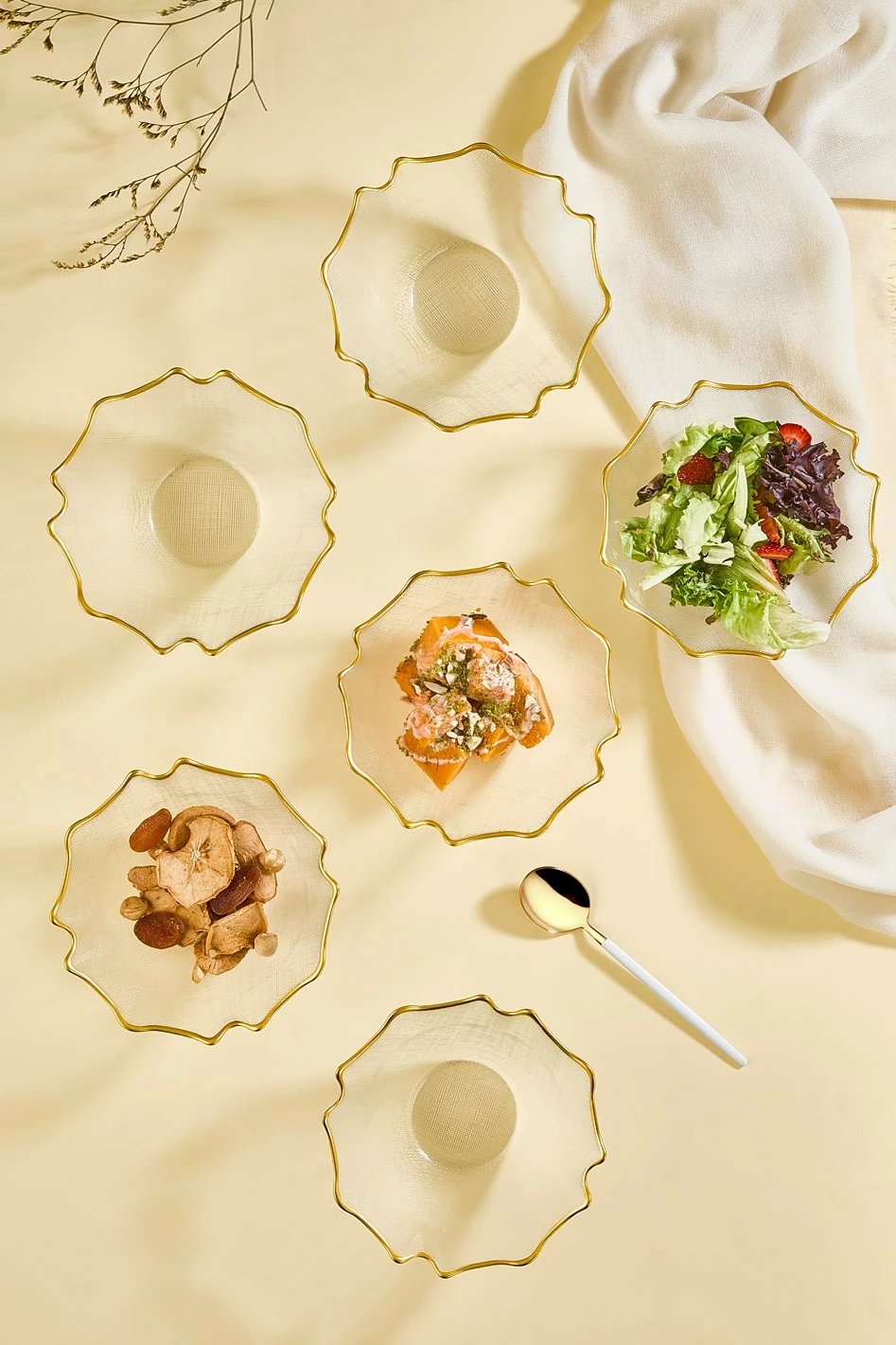 Set tasash qelqi, 6 copë, Hermia Bloom, transparent, buzë ari