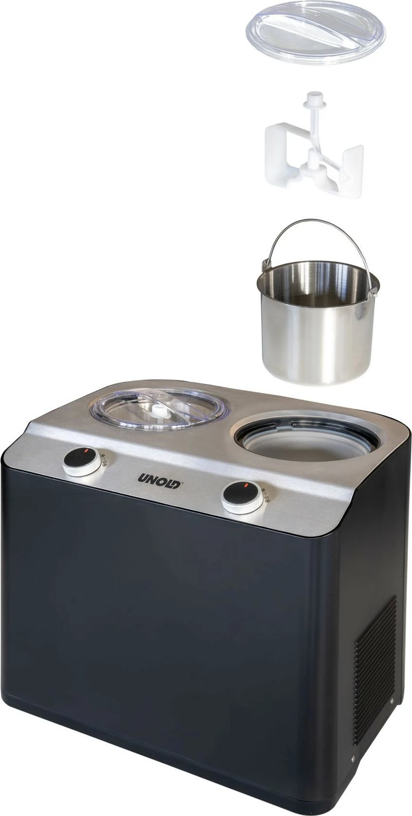 Aparat akullore UNOLD Doppio, 2.4L, 2 tasa, kompresor, inox, e zezë
