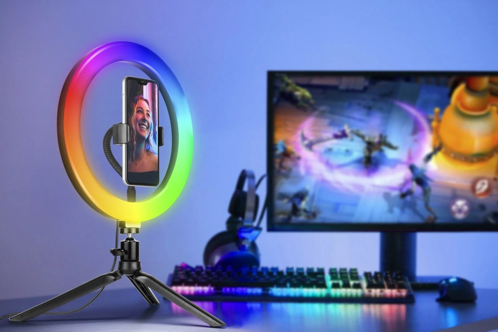 Ring Light Tracer TRAOSW46807 me tripod, 26 cm, RGB, me telekomandë, e zezë