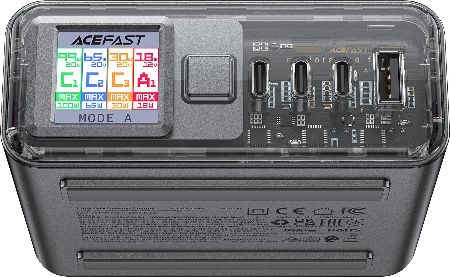Adapter multifunksional Acefast Z4, 218W, 3x USB-C + 1x USB-A, ekran TFT, Gri