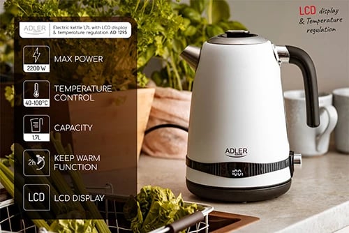 zierëse uji elektrike, Adler, AD 1295, 1.7L, ekran LCD, rregullim temperature 40–100°C, funksion Keep Warm, e bardhë
