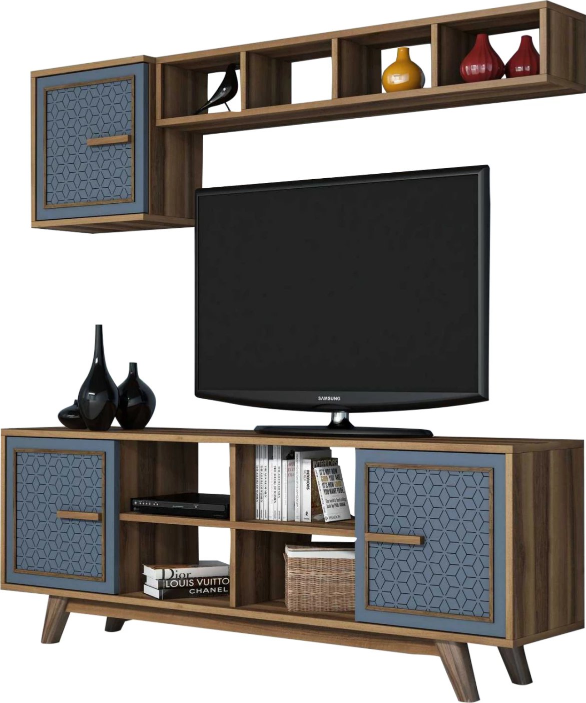 Set mobiljesh për TV, ngjyrë arre dhe blu, FH9513.02, 160x35x56.2H cm