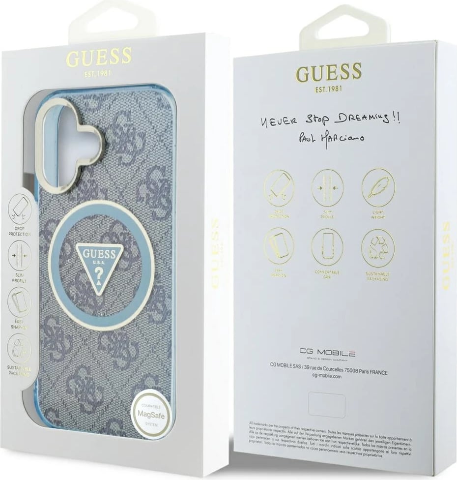 Mbështjellës Guess IML Metal Glitter 4G Circle Triangle MagSafe për iPhone 16, Kaltër