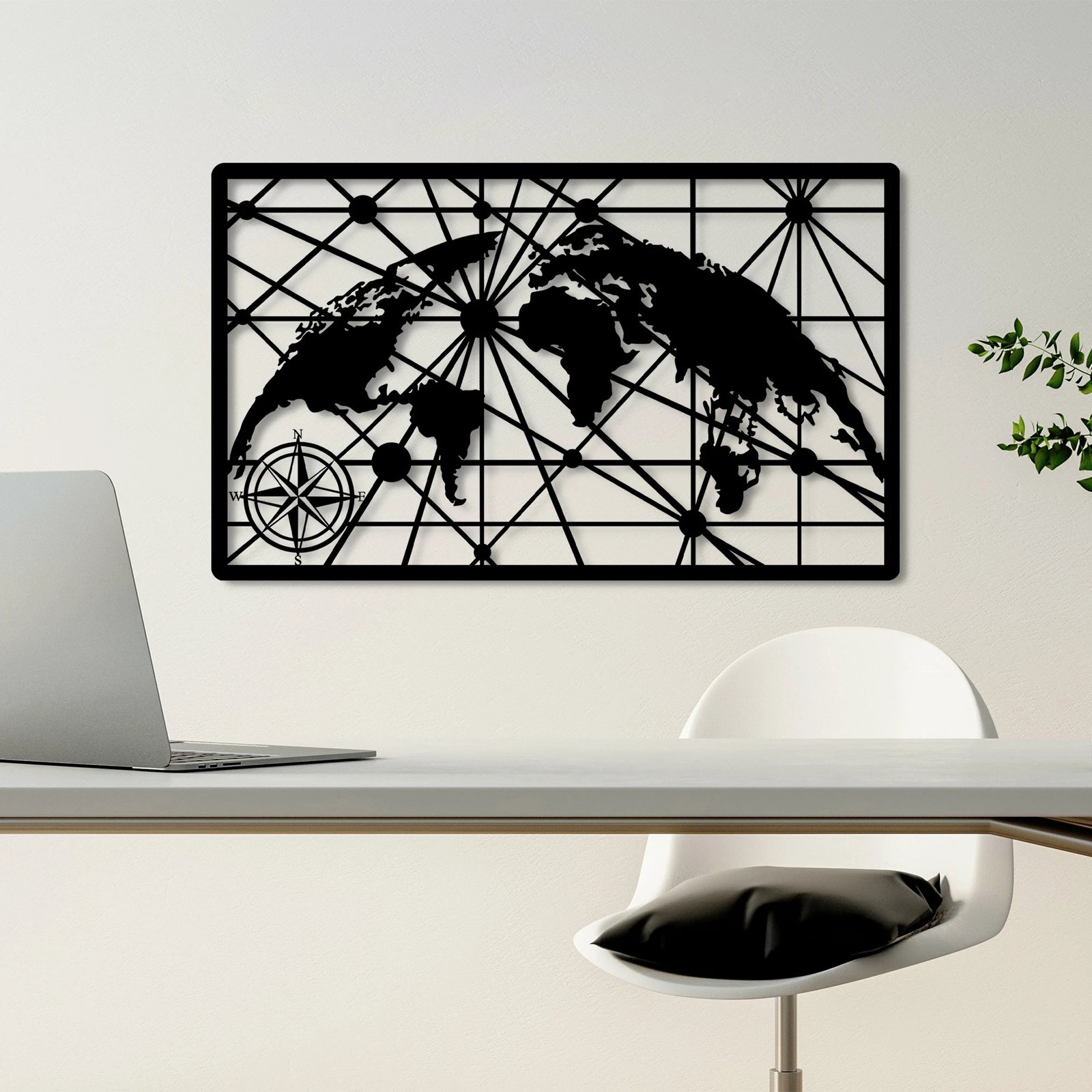 Aksesor dekorativ metalik për mur, hartë bote, Wallity, 40x66cm, e zezë