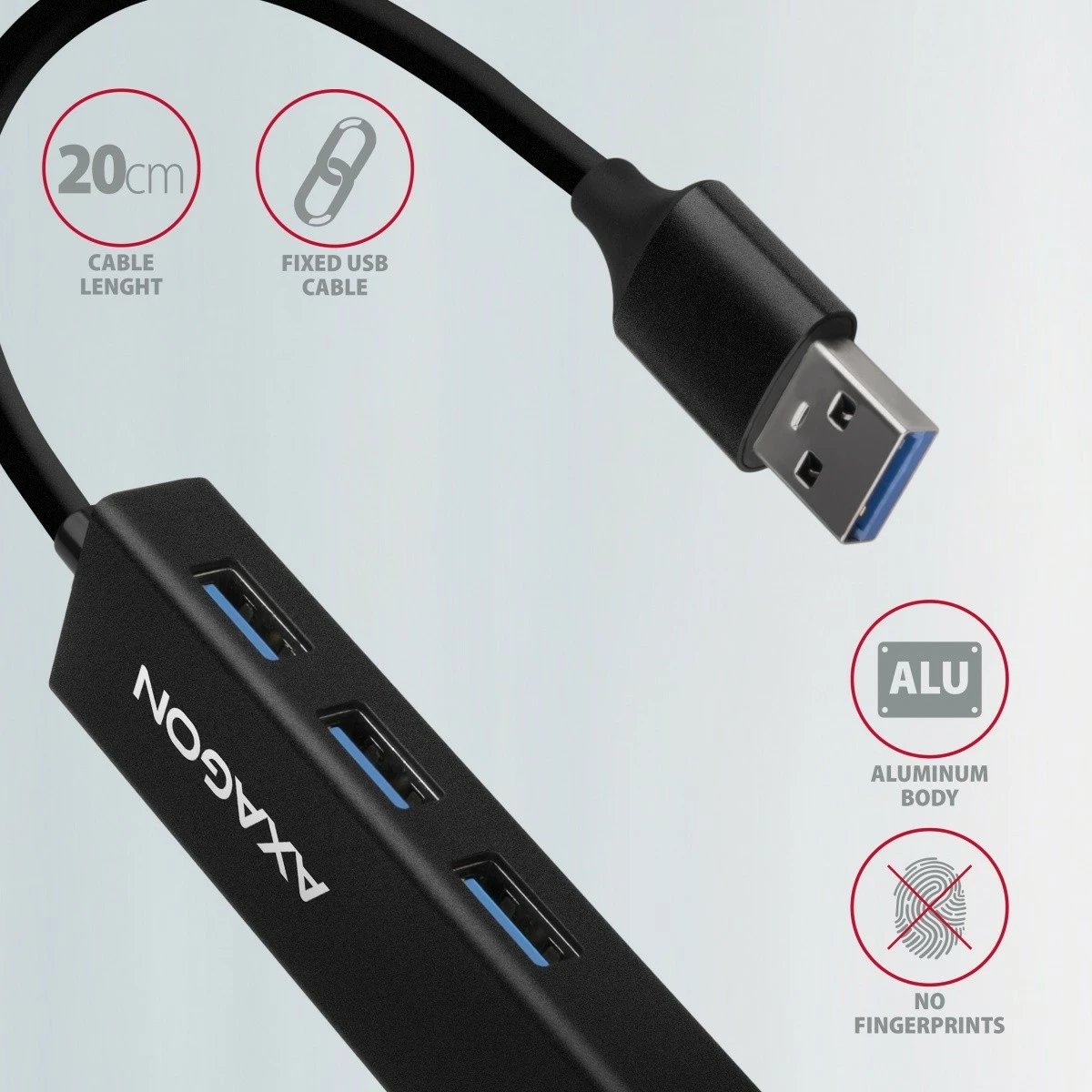Kasë AXAGON HMA-GL3A multiport USB hub 4n1, 5Gbps, 3x USB-A + GLAN, metal, kabllo USB-A 20cm, e zezë
