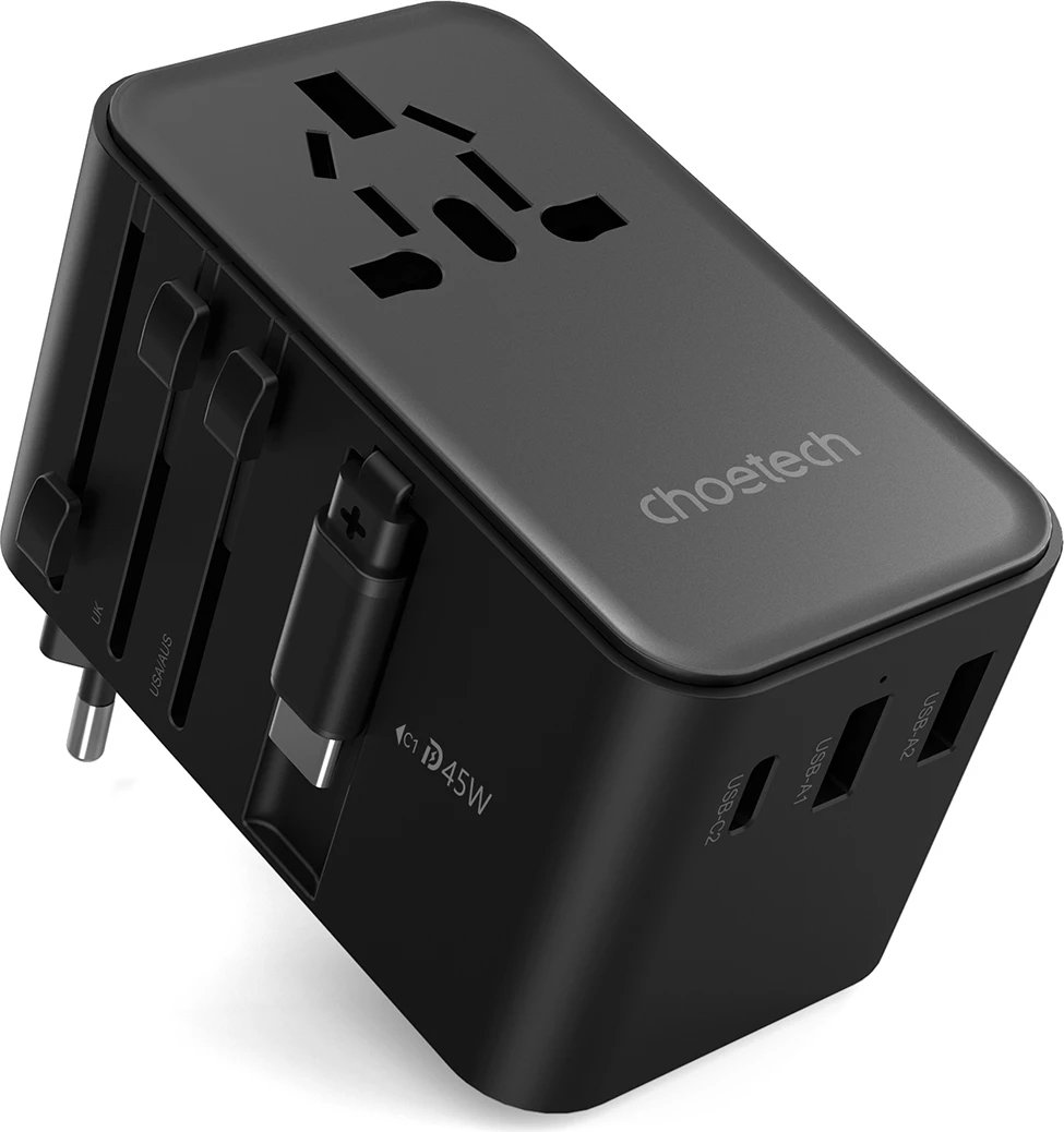 Adapter udhëtimi Choetech PD5021, 45W, me kabllo USB-C të integruar, 4 porta, i zi