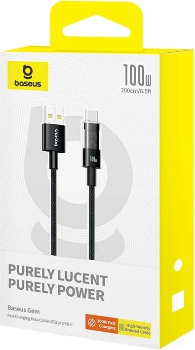 Kabllo Baseus Gem USB A në USB C, 2 m, 100 W, E zezë