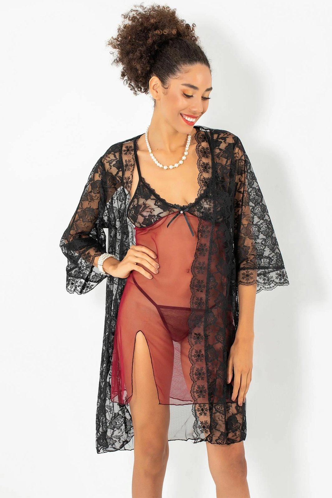 Set fustan nate me peniuar, ngjyrë e kuqe Claret, Jumeon, 011-008004