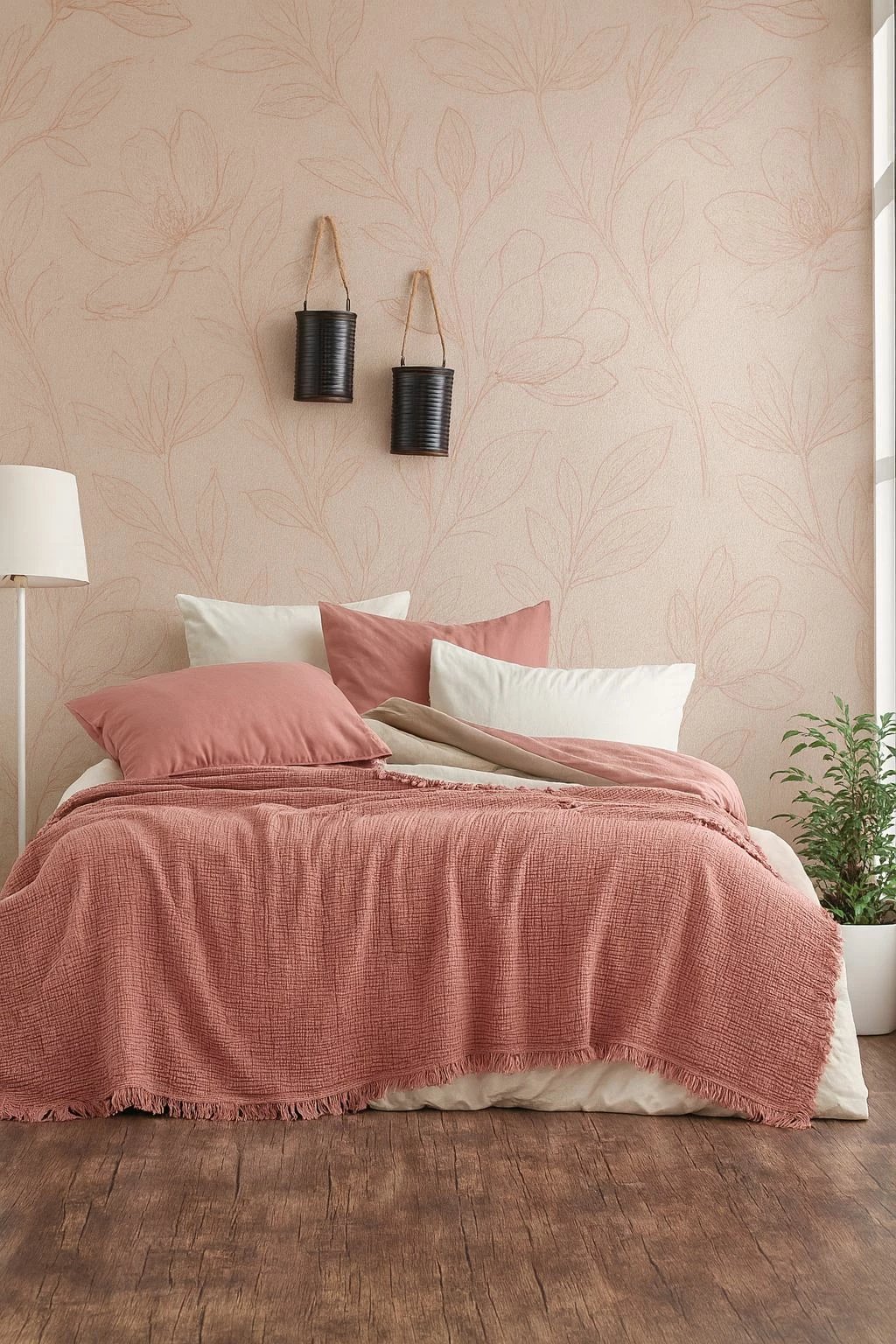 Mbulesë dyshe për shtrat, muslin, ngjyrë salmon