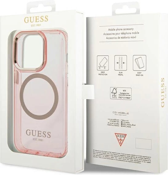 Mbështjellës Guess Gold Outline MagSafe për iPhone 14 Pro Max 6.7", rozë