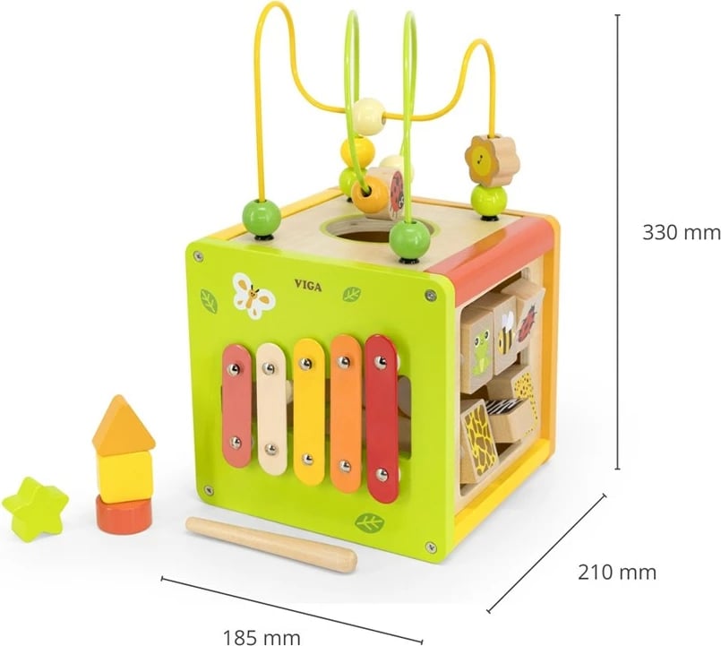 kub edukativ 5-në-1, Viga, dru, me ksilofon, sorter formash, labirint me rruaza dhe kube rrotulluese, multingjyrëshe