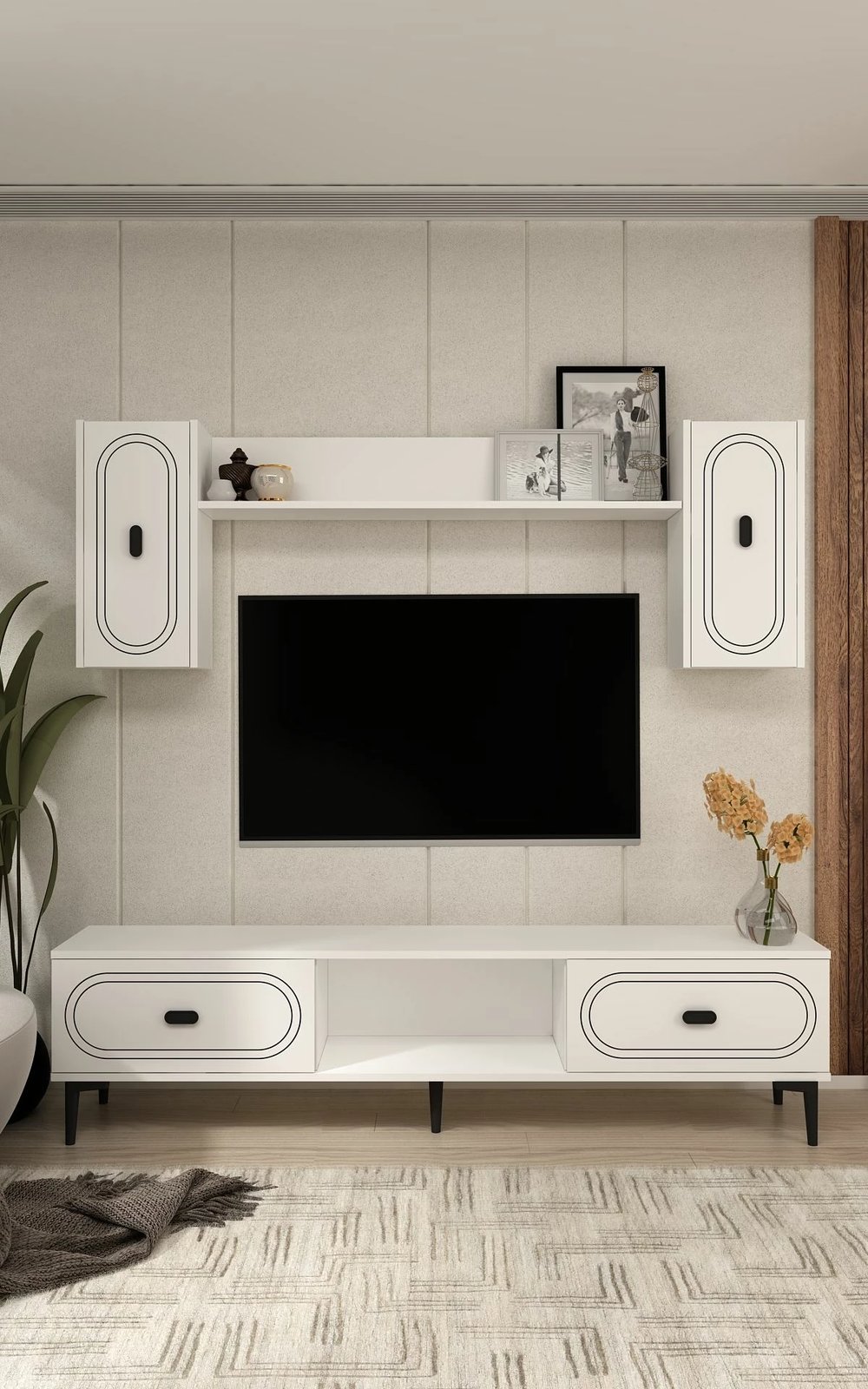 Komodë TV Skye Decor, e bardhë, me rafte dhe dollapë