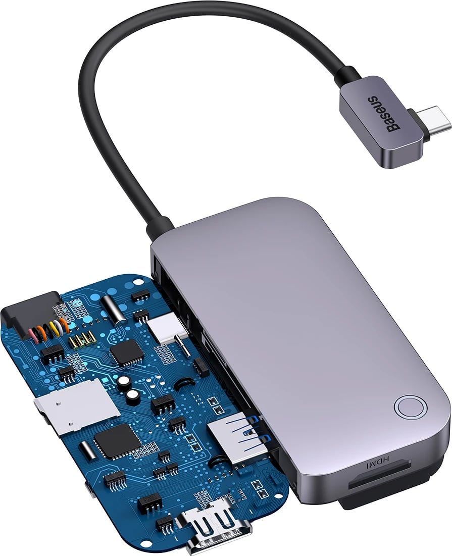 HUB Baseus PadJoy 6-në-1, USB-C, për tabletë/celular, Gri e errët