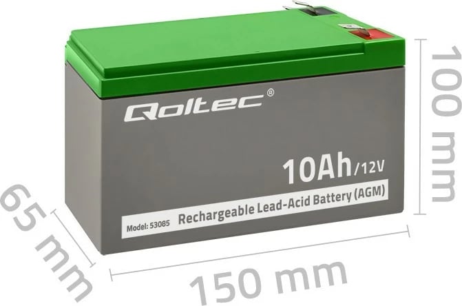 Bateri AGM plumb-acid Qoltec 53085 12V 10Ah pa mirëmbajtje për UPS, gri/jeshile