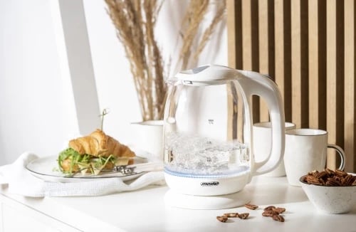 Zierëse elektrike, Mesko, MS 1302, 1.7 L xham, 1850-2200W, bazë 360°, ndriçim LED, e bardhë