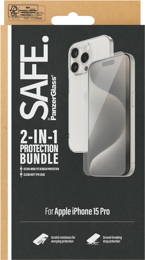 Mbështjellës PanzerGlass SAFE. 2-in-1-Pack për iPhone 15 Pro, transparent