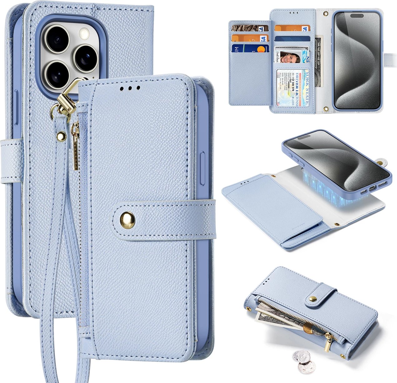 Mbështjellës Dux Ducis Lawa për iPhone 15, lëkurë, me portofol magnetik, kaltër